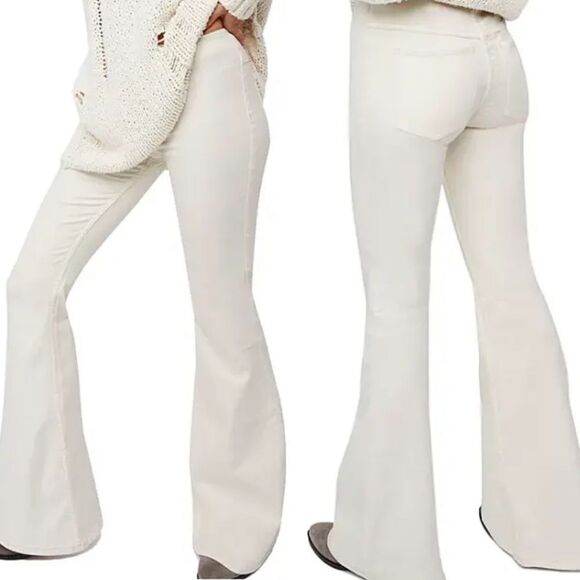 NWT Free People Penny Pull on Flare Jeans White Cream Ivory Stretch Boho Size 32 - Picture 2 of 6